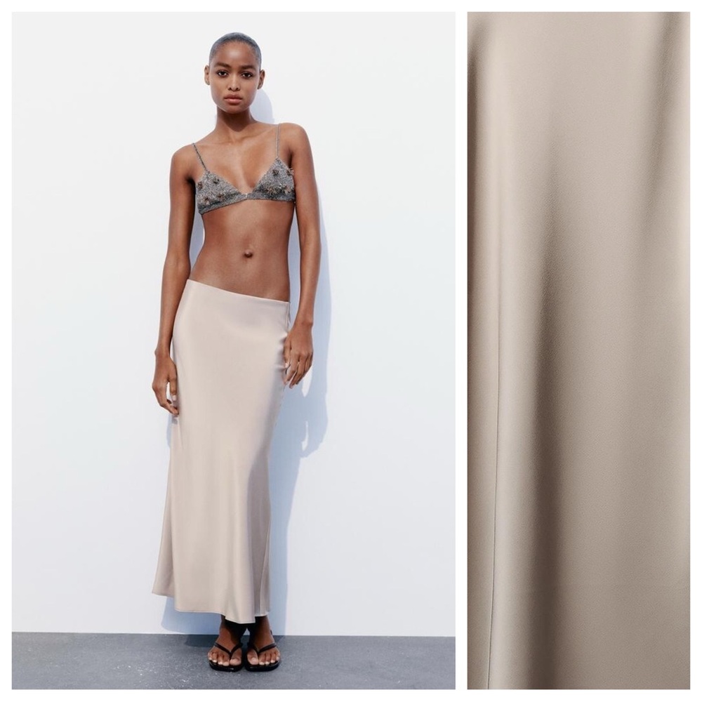 NWT. Zara Taupe Grey Beige Satin Effect Maxi Skirt. Size L. - Picture 1 of 8